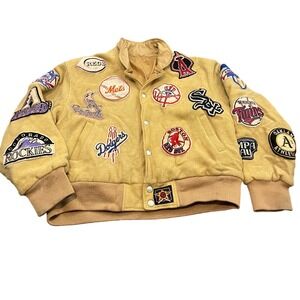 Vintage Jeff‎ Hamilton Varsity Jacket Tan MLB All Team Patch Bomber Baseball